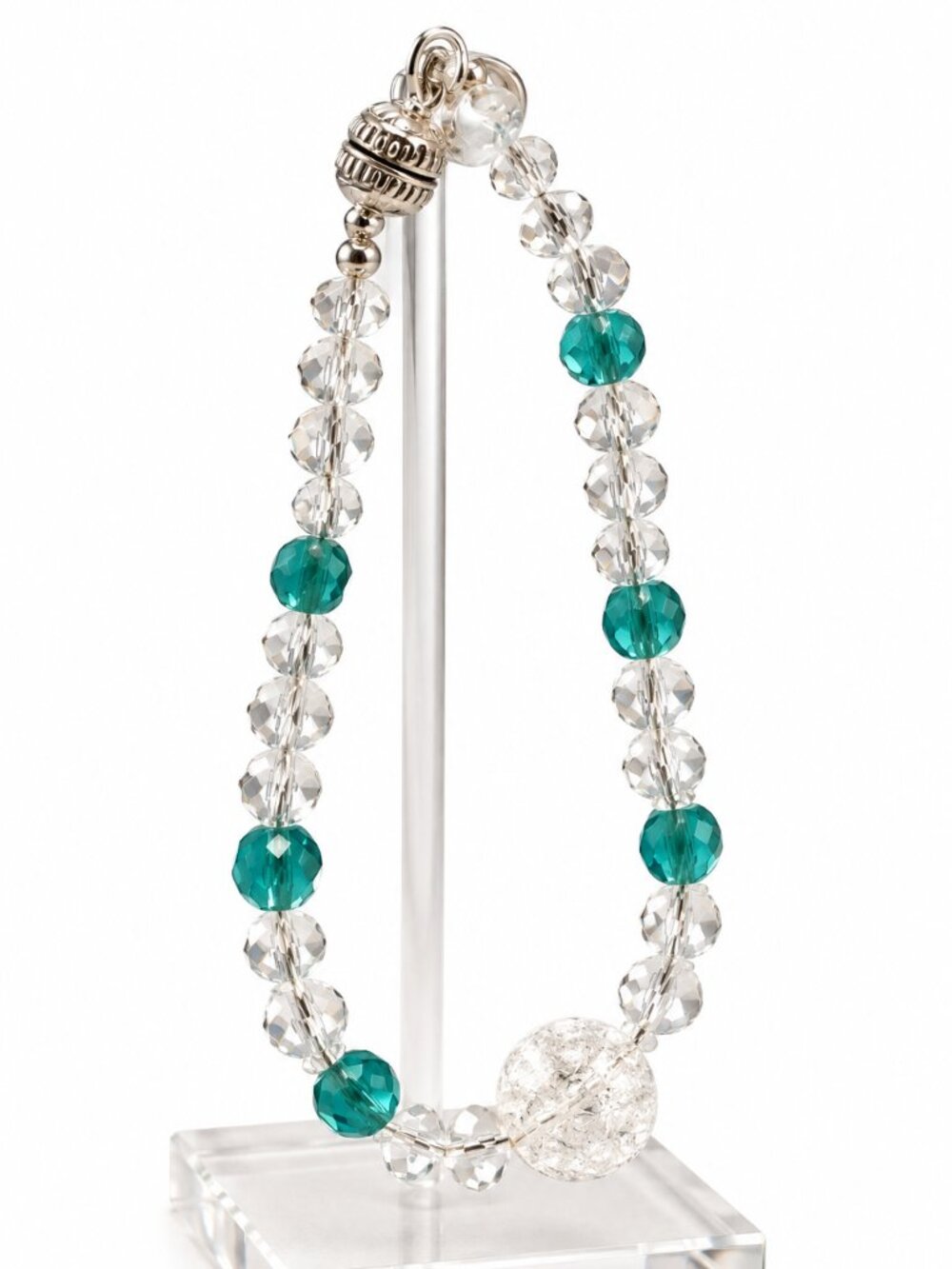 Teal & Clear Faceted Glass Bead Bracelet Crackle Glass Statement Bead